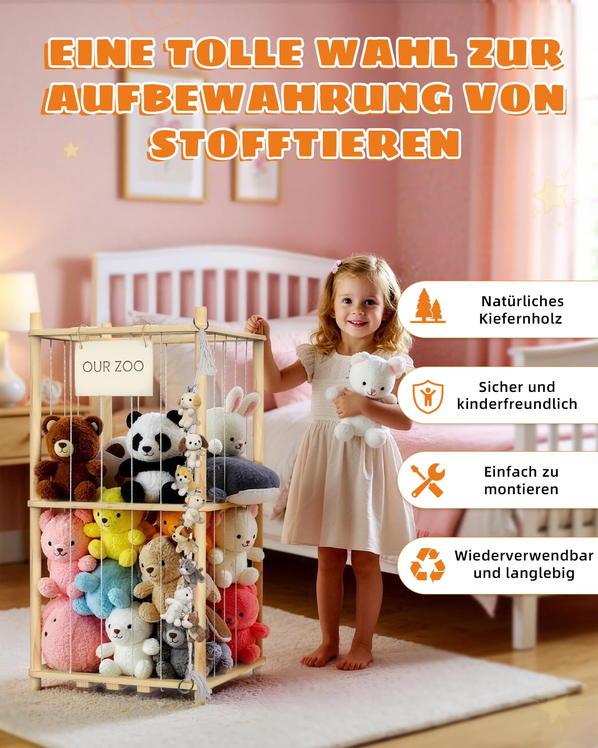 JINDUN Kuscheltier Aufbewahrung Aus Holz, 95cm Höhe Aufbewahrung Kuscheltiere, mit Stofftier AufbewahrungHängend, für Kinderzimmer/Wohnzimmer