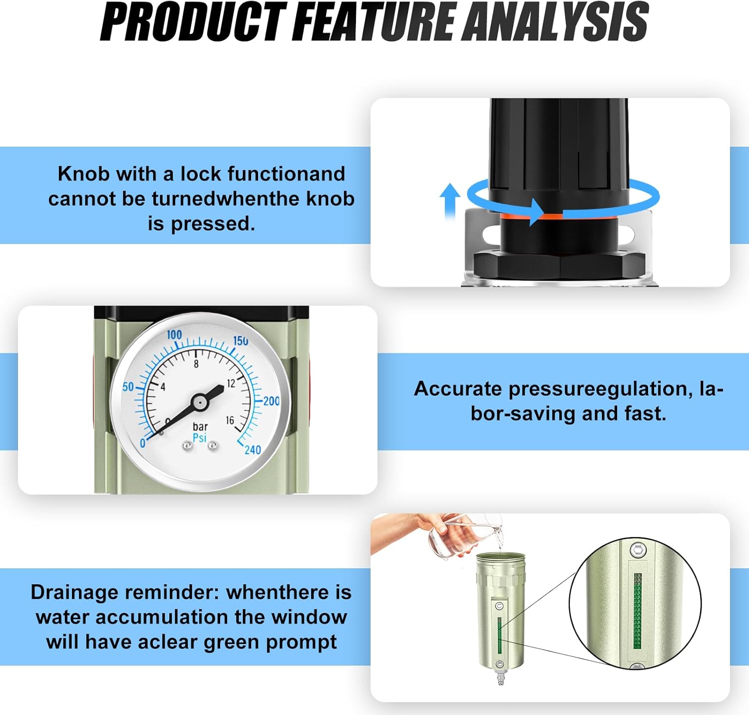 3/4" NPT Heavy Duty Industrial Grade Air Compressor Moisture Filter, Manual Drain, Particulate Filter and Air Regulator For Plasma Cutter and Paint Spray