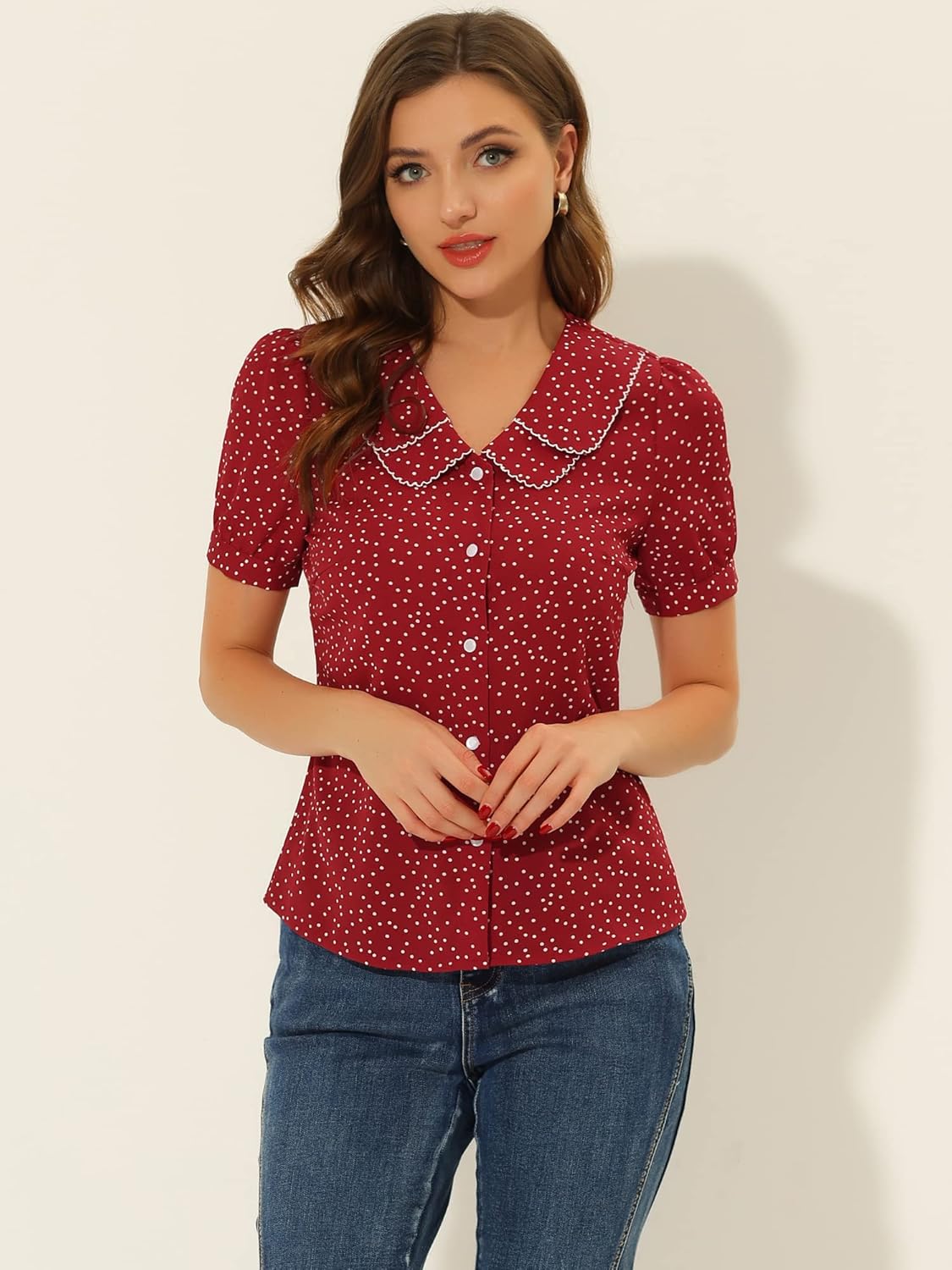 Allegra K Women's Vintage Polka Dots Peter Pan Collar Puff Short Sleeve Shirt Top - Image 2