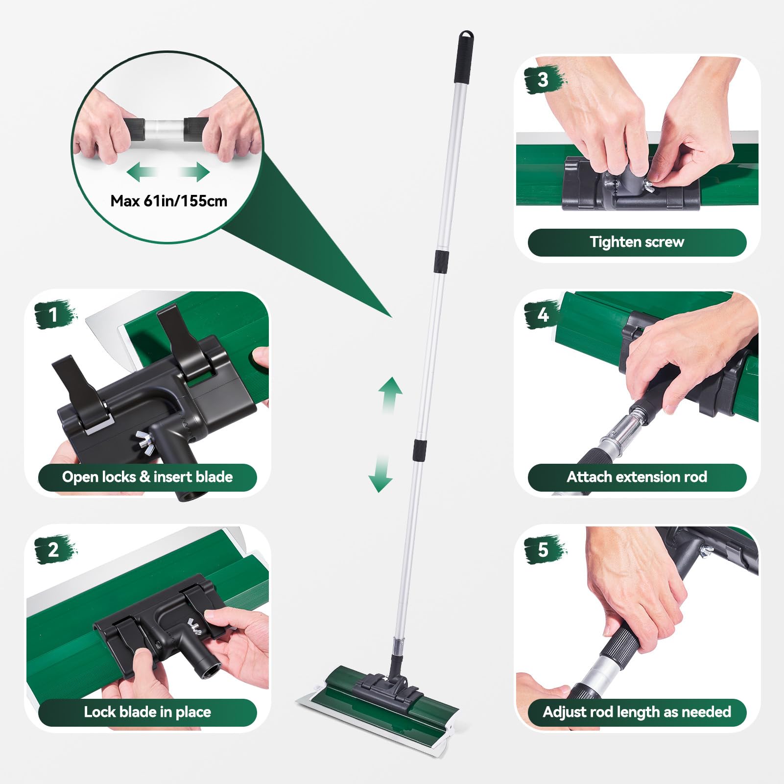 Juego de espátulas de superficie, herramienta de espátula y barra telescópica de 0,7 m hasta 1,57 m con adaptador en maletín, kit de espátula alisadora para aplicaciones profesionales (25+40+60