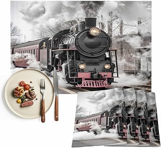 Placemats Set of 4, Modern Trains Woven Placemat, Linen Place Mats for Kitchen/Dining Tables, Abstract Vintage Classic Washable Table Mats for Party