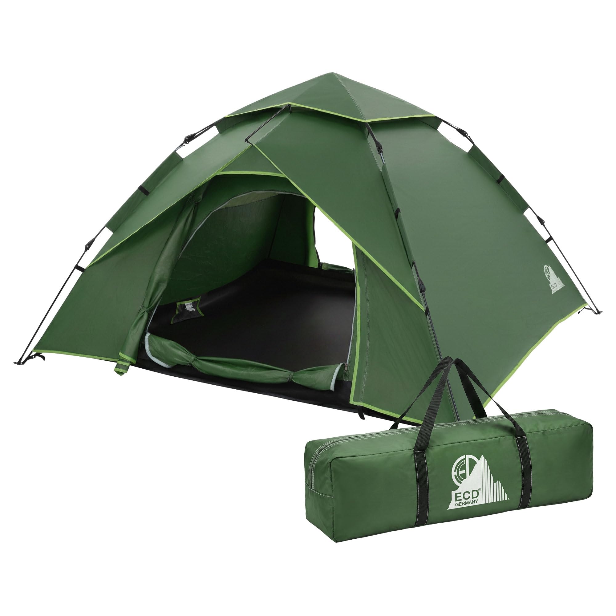 ECD Germany Tente Pop Up 4 Personnes, Résistante au Vent et Respirante, Tente de Camping Plage, Imperméable Légère, Dôme à Double Couche pour Randonnée Pêche avec Sac de Transport, Vert/Gris