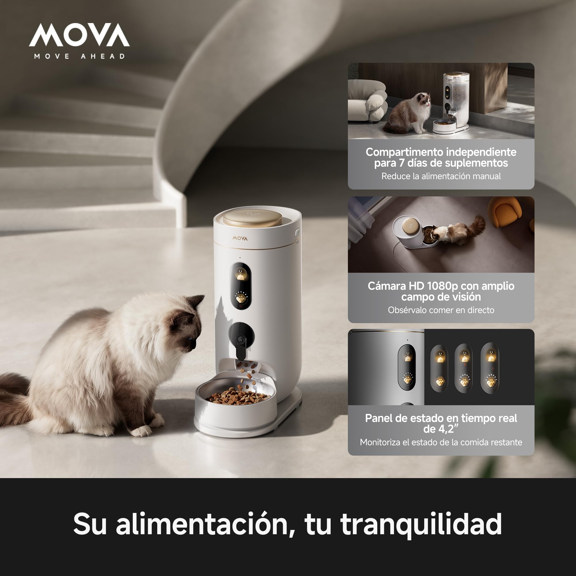 MOVA NutriPal 10 Ultra, comedero para Mascotas con Compartimento para 7 días de Suplementos, cámara HD 1080p, Amplia visión, 4 Modos, Panel de 4,2″, 4 L de Capacidad (20 días), para pienso de 12mm