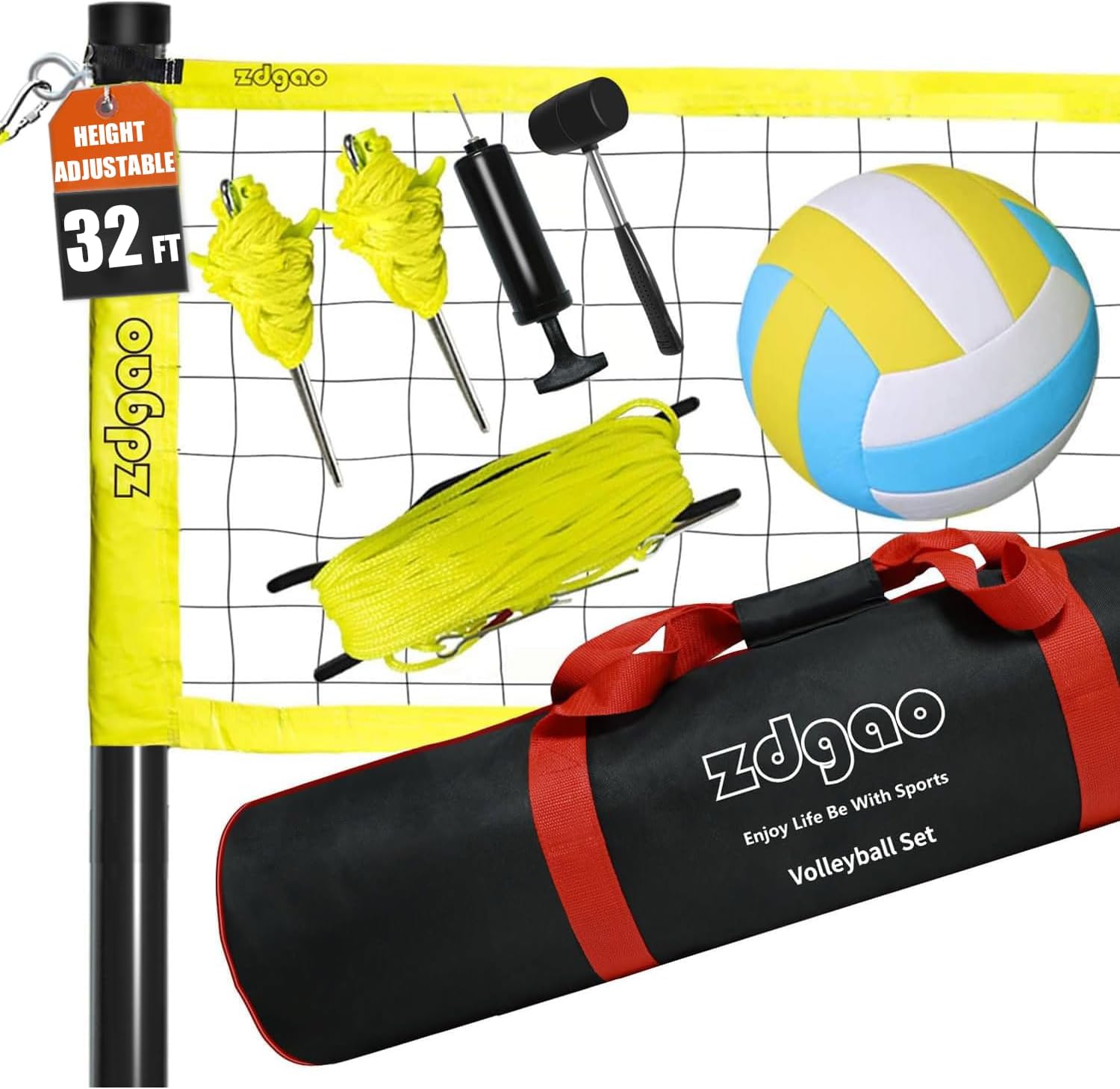 Outdoor Portable Volleyball Net System - Adjustable Height Poles with Soft Volleyball Ball, Pump, Hammer, Boundary Line, and Carry Bag for Backyard, Beach, Lawn
