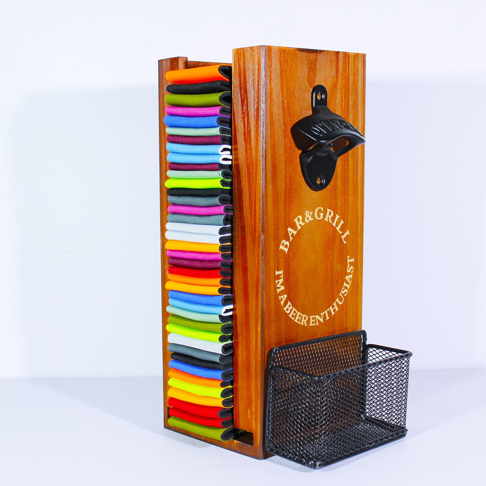 Soporte 3 en 1 para enfriar latas con abrebotellas, organizador y dispensador de fundas de madera para latas de cerveza y almacenamiento de botellas de cerveza, ideal para bares y fiestas en