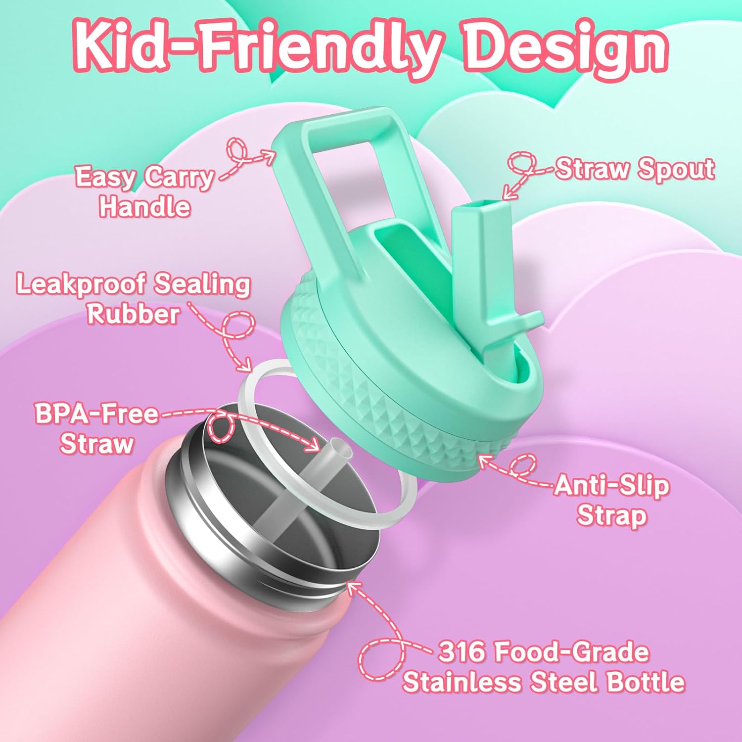 baab 18oz Kids Water Bottle, Insulated Water Bottle with Straw & Stickers, 18/8 Stainless Steel Vacuum Leakproof Kids Water Straw Cup for School, Perfect for Boy Girl (Pink+Purple, 2 Pack) - Image 3