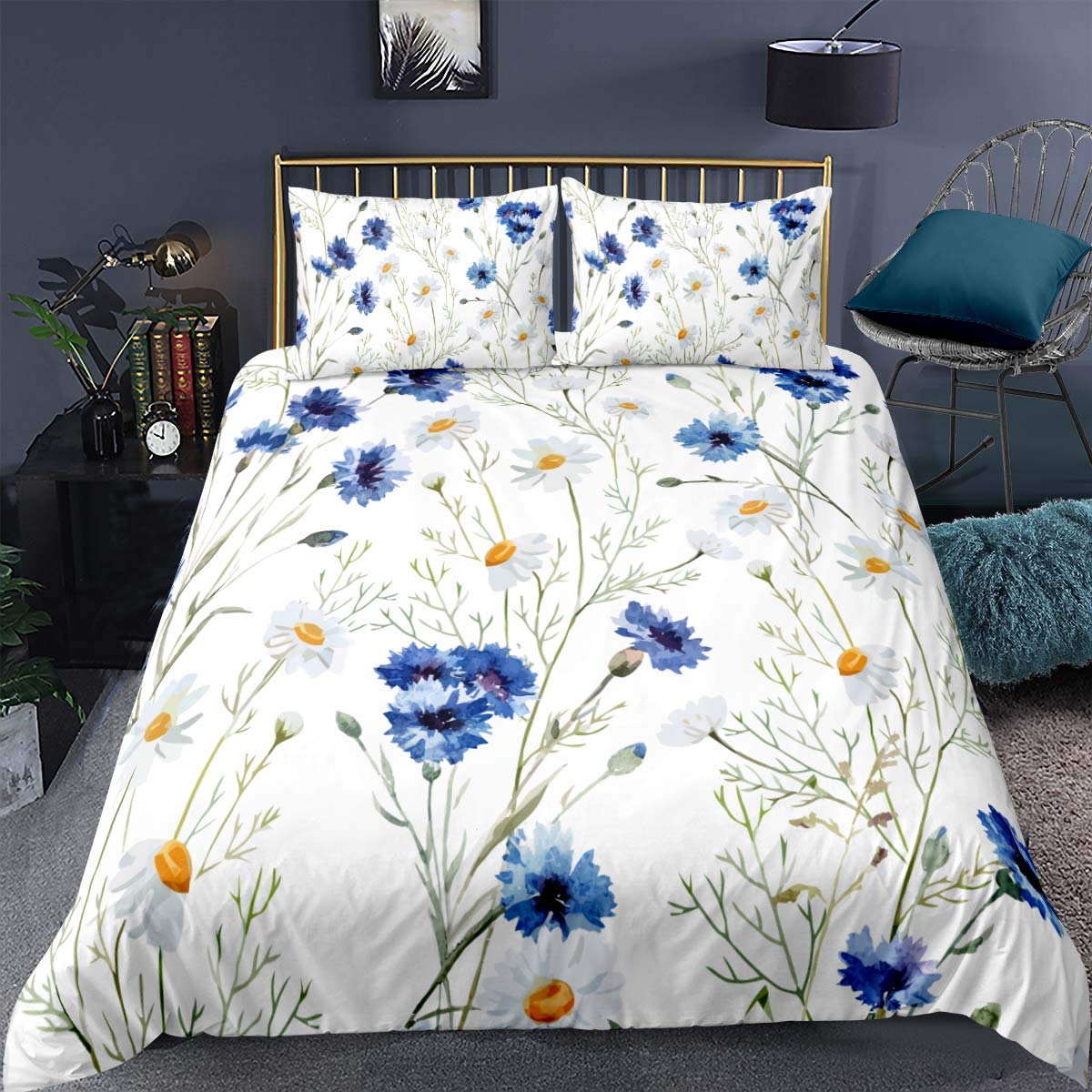 Loussiesd Watercolor Floral Comforter Cover,Blue Marigold Flowers Botanical Garden Nature Spring,Girls Bedding Decorative 2 Pieces Bedding Set Single(1 Duvet cover & 1 Pillowcase),With Zipper Ties — image 1