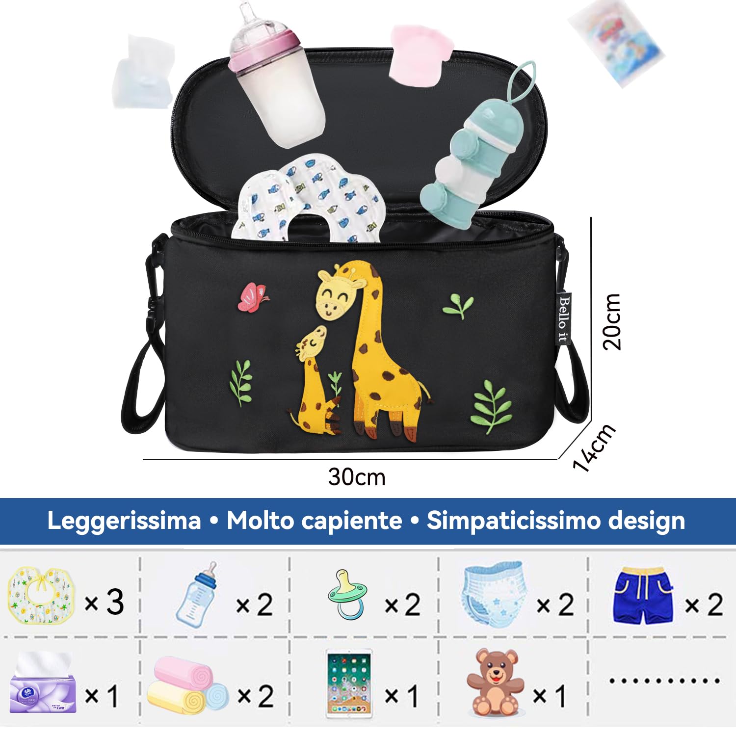 Bello it Borsa per Passeggino,Organizer per Passeggino o Carrozzina, Borsa da Passeggino Piccola Dei Animati Cartoni Design, Leggera e Capiente (Giraffa (Nero))