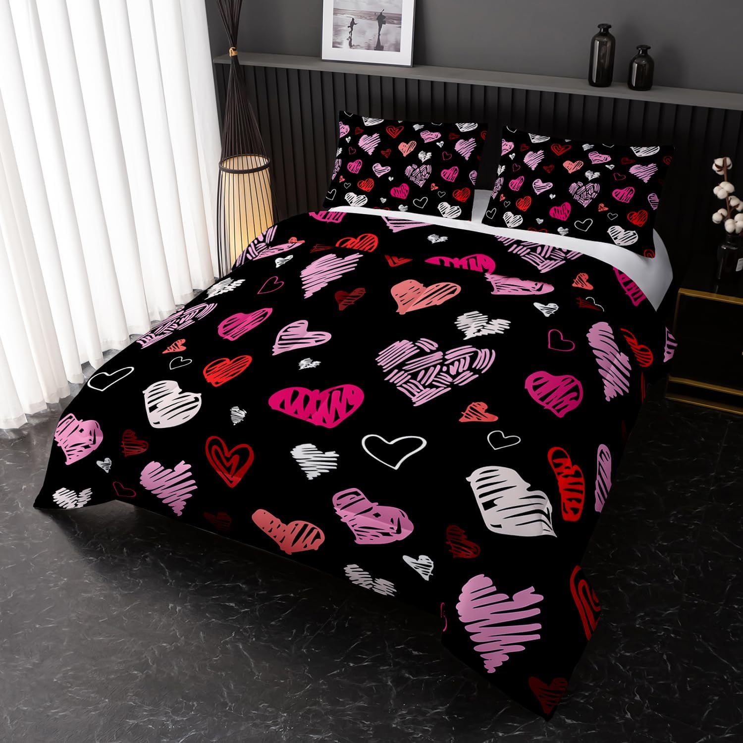 Nttopship Heart Comforter Sets Queen Size，Love Valentines Day Romantic Soft Bedding Set Pink Watercolor Kawaii Comforter Cartoon Love Heart Geometric Comforter Set Soft Warm Quilt 3Pcs