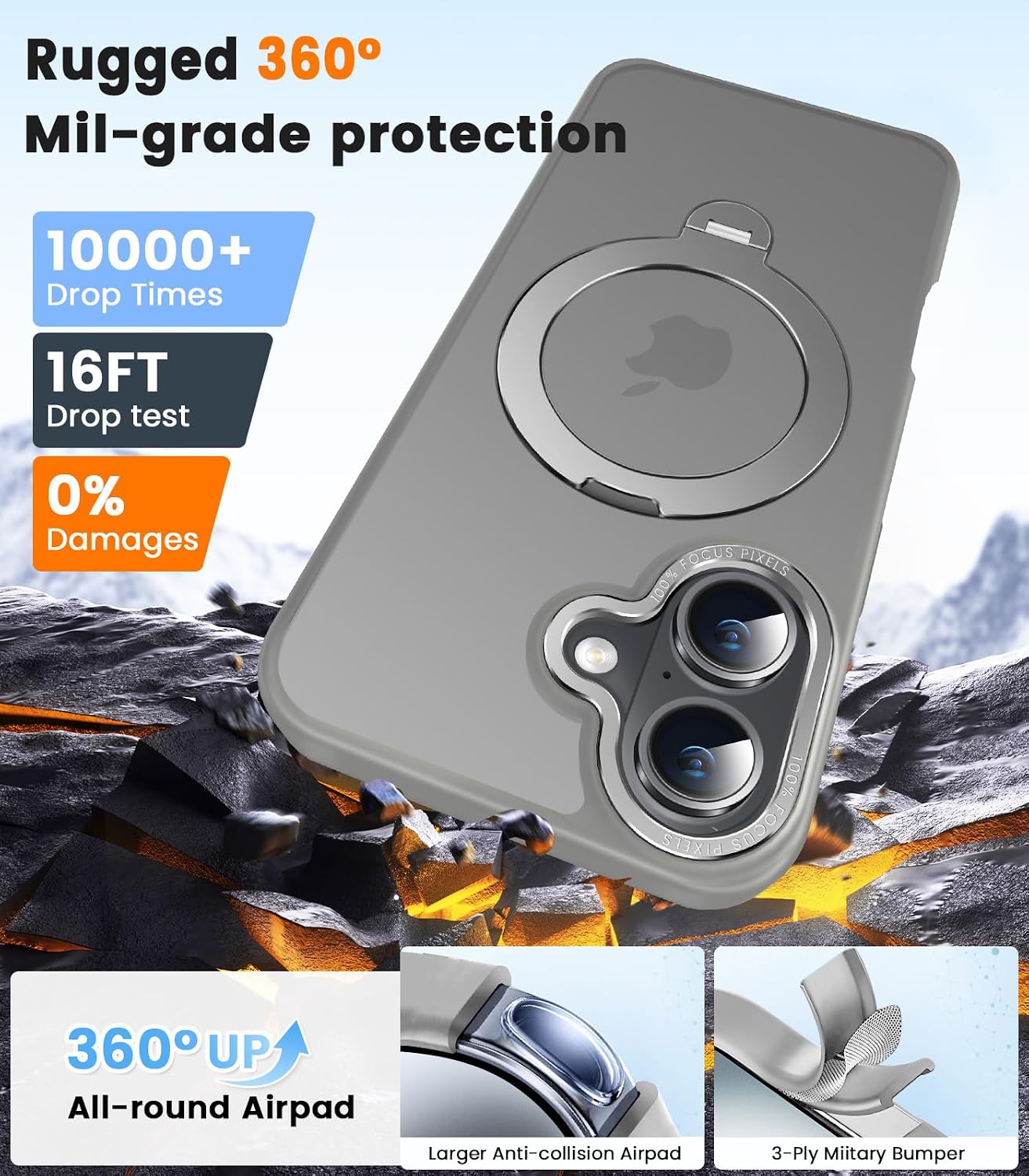 360° Spin Magnetic Stander for iPhone 16 Case [Compatible with Magnetic] [Built-in Kickstand] Mil-Grade Protective, Matte Non-Slip for iPhone 16 Phone Case(Gray)
