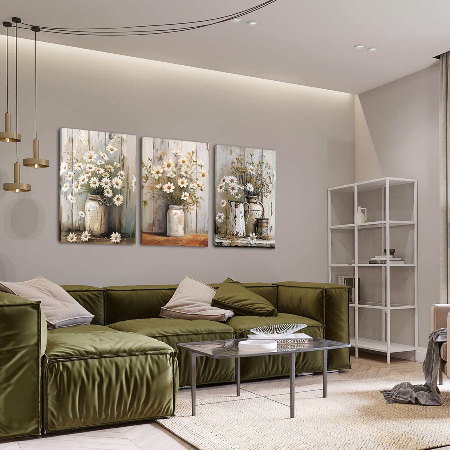 Daisy Bathroom Canvas Wall Art Set of 3, Vintage Rustic Farmhouse Wall Decor Paintings, Living Room Floral Posters Prints Pictures for Bathroom Bedroom Living Room Home Decor 12x16 Inch Framed