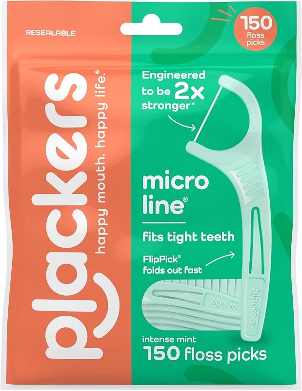 Micro Line Floss Picks, Intense Mint, 150 Count | PTFE free Tuffloss, Plaque removal, Fits tight teeth, Fold-out FlipPick, QuickFix Grip, Resealable bag