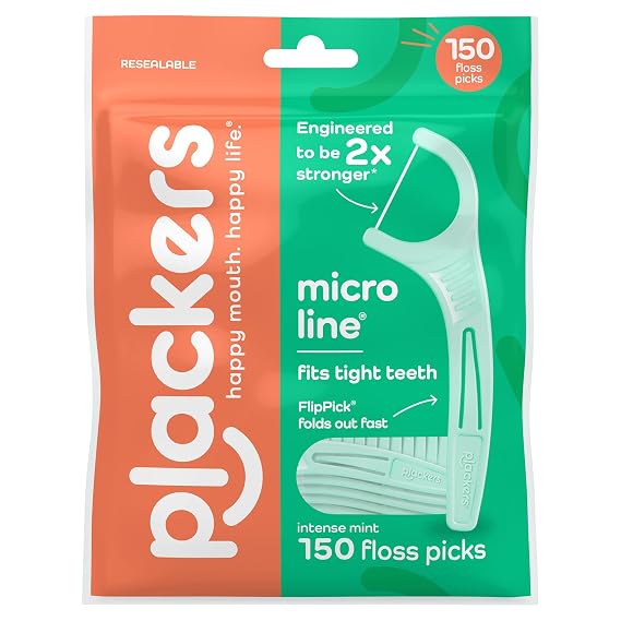 Plackers Micro Line Floss Picks - Intense Mint, Floss Fiber Made Without PTFE, 150 Count