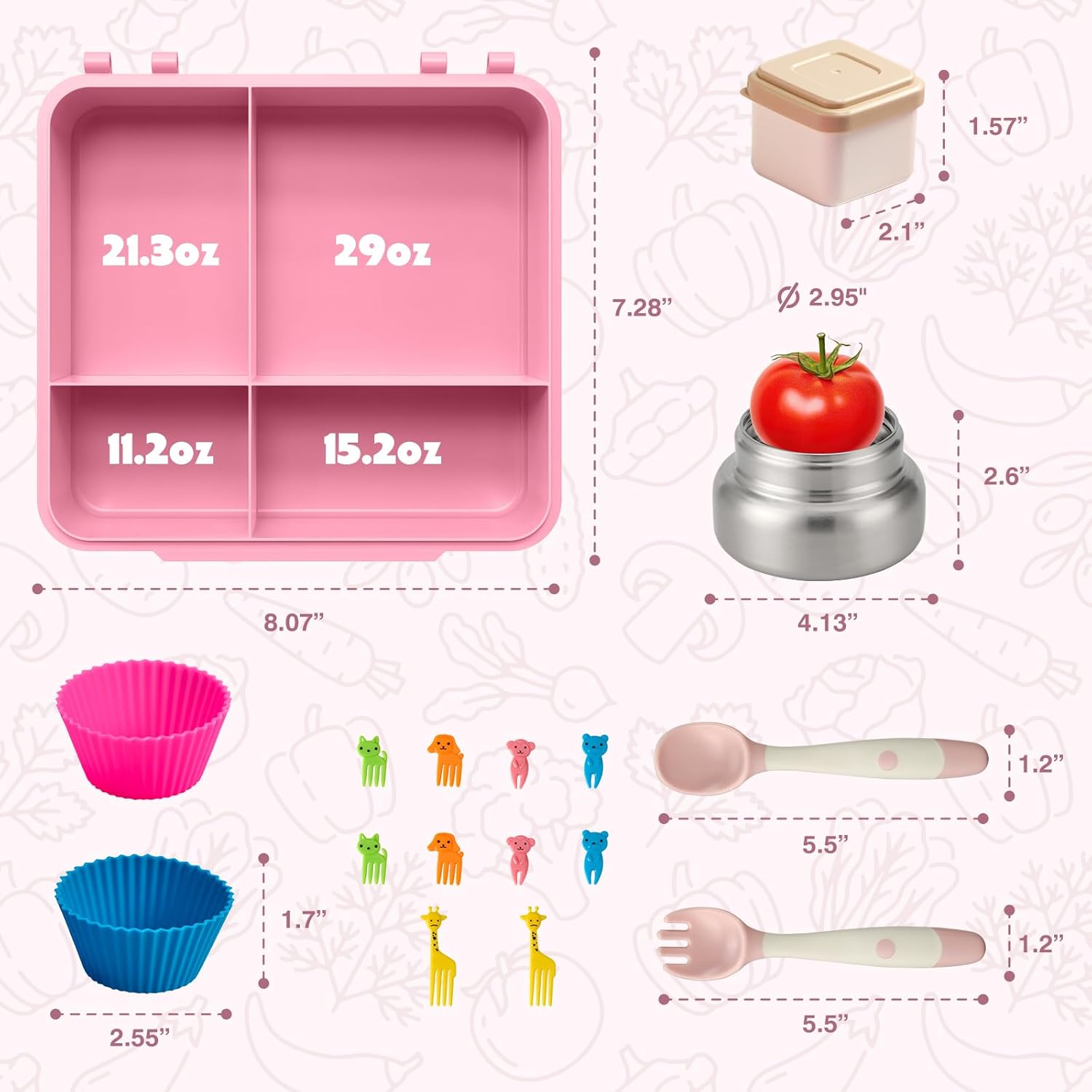 JSLOVE Bento Lunch Box with Leak Proof Thermos Food Jar for Kids, Food Lunch Containers for Girls with 4 Compartments, BPA-Free with Utensils, Food Picks, Sauce Jar & Silicone Lunch Box Dividers - Image 6