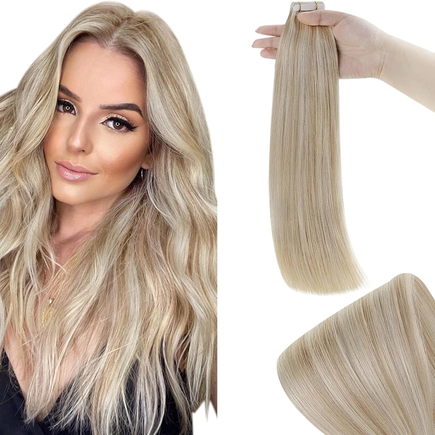 RUNATURE 20 Inch Tape in Hair Extensions Human Hair Blonde Tape Hair Extensions Real Human Hair Ash Blonde Highlight Blondes Invisible Tapes Hair 50g 20Pcs #p18/60