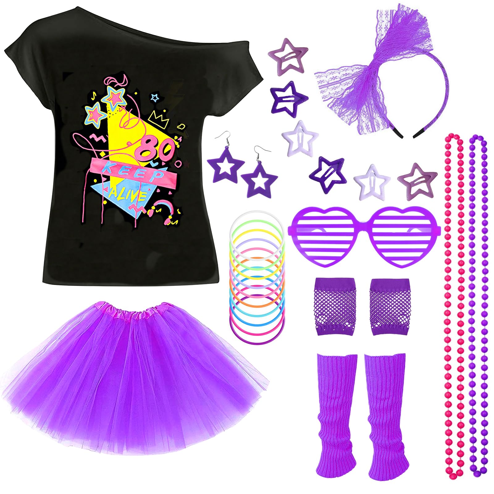 80s Costume Accessories Set for Girls, Fancy Dress Neon Party Outfit with T-shirt Tutu Skirt Fishnet Gloves Leg Warmers Earrings Bracelets Necklaces Hairpins Glasses Headband for Retro Party Cosplay
