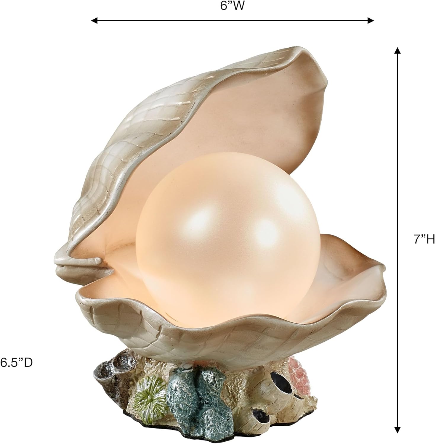 Clamshell Pearl Accent Lamp Night Light Ivory - Handcrafted Resin Clam - Coastal Style Lighting - Nautical Theme - Ocean Nightlight Bulb Included with Beach Shell Decoration - 7 Inches High