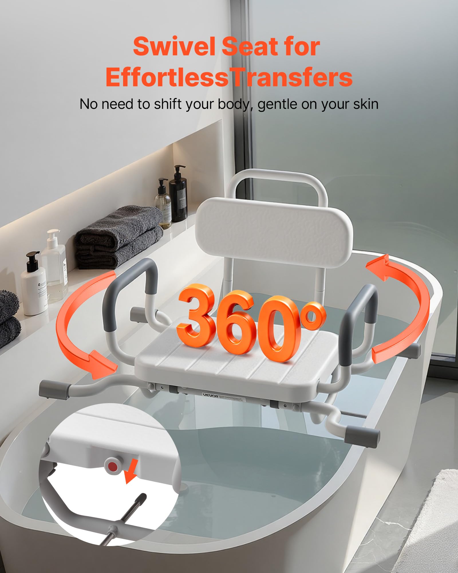 VEVOR Tabla de Bañera con Brazos y Respaldo, Asiento de Bañera con Mango Carga de 100 kg, Ancho de 740 mm o 790 mm Silla Giratoria de 360° para Adultos, Personas Mayores, Personas con Discapacidad