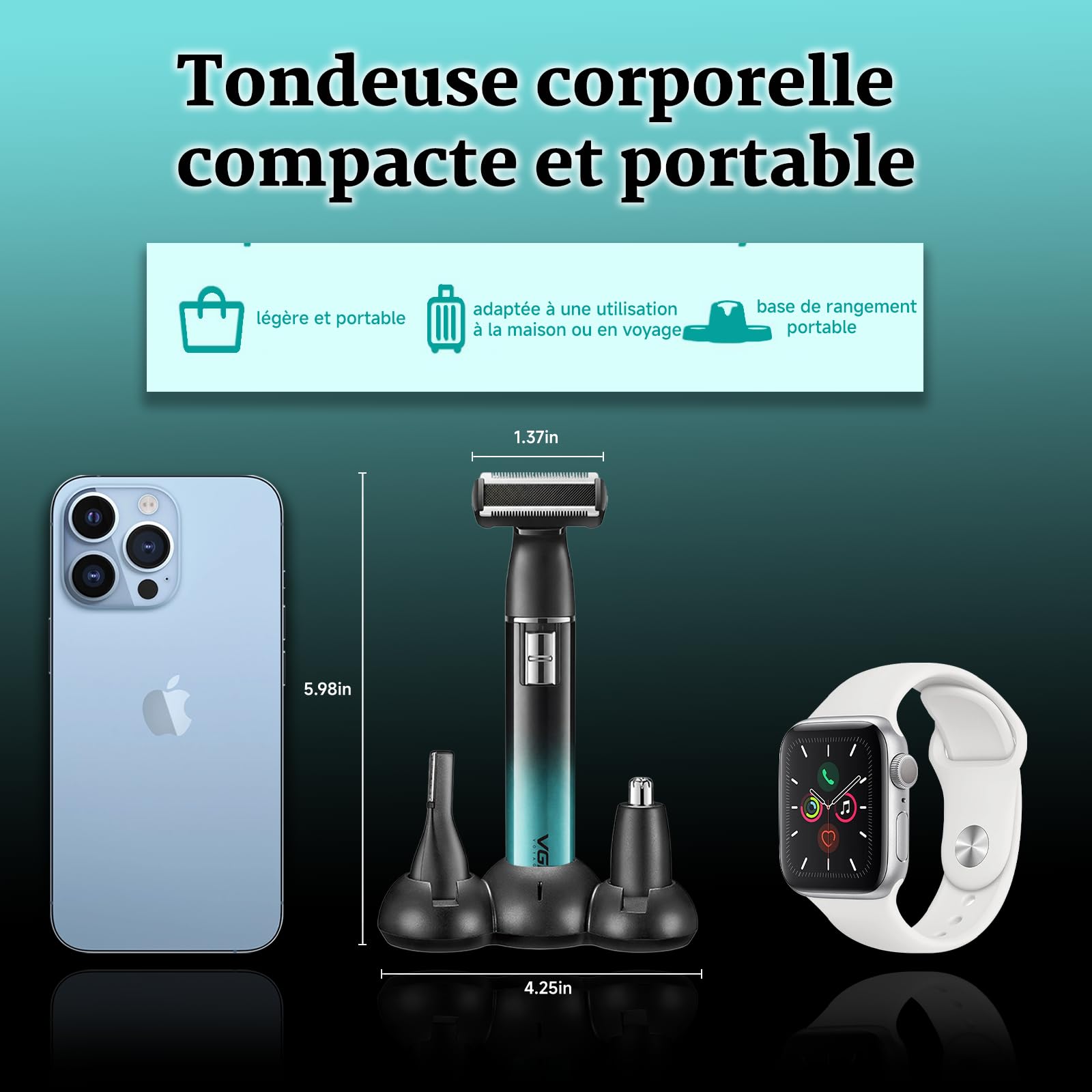 VGR 628 Tondeuse Intime Homme 3 en 1 Sans Fil, Tondeuse Partie Intime Homme, Rasoir Nez Et Taille Des Sourcils Avec Base Et, Pour Poitrine, Jambes, Aisselles, Nez Et Visage, IPX5, Vert
