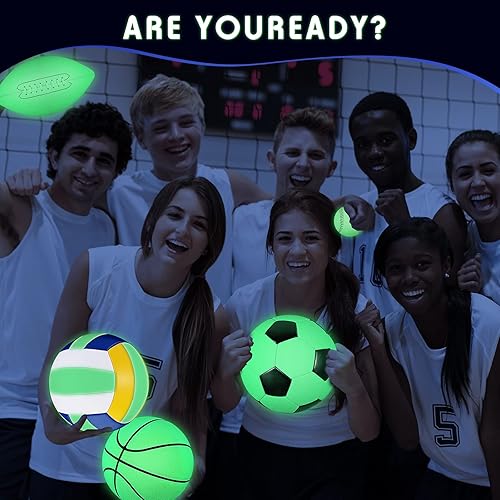 Miniatura 6 de Sratte Juego de 5 pelotas deportivas que brillan en la oscuridad, tamaño oficial, fútbol, baloncesto, voleibol, béisbol con bolsa de transporte y