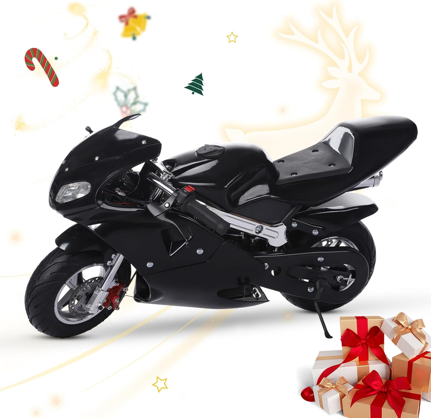qorkhogr 49cc Kids Rocket Motorcycle,2-Stroke Gas Power Mini Motorcycle,Motocross with Hydraulic Shock Absorption Dual Headlights Pocket Motorbike with Front Rear Disc Brakes Black 1