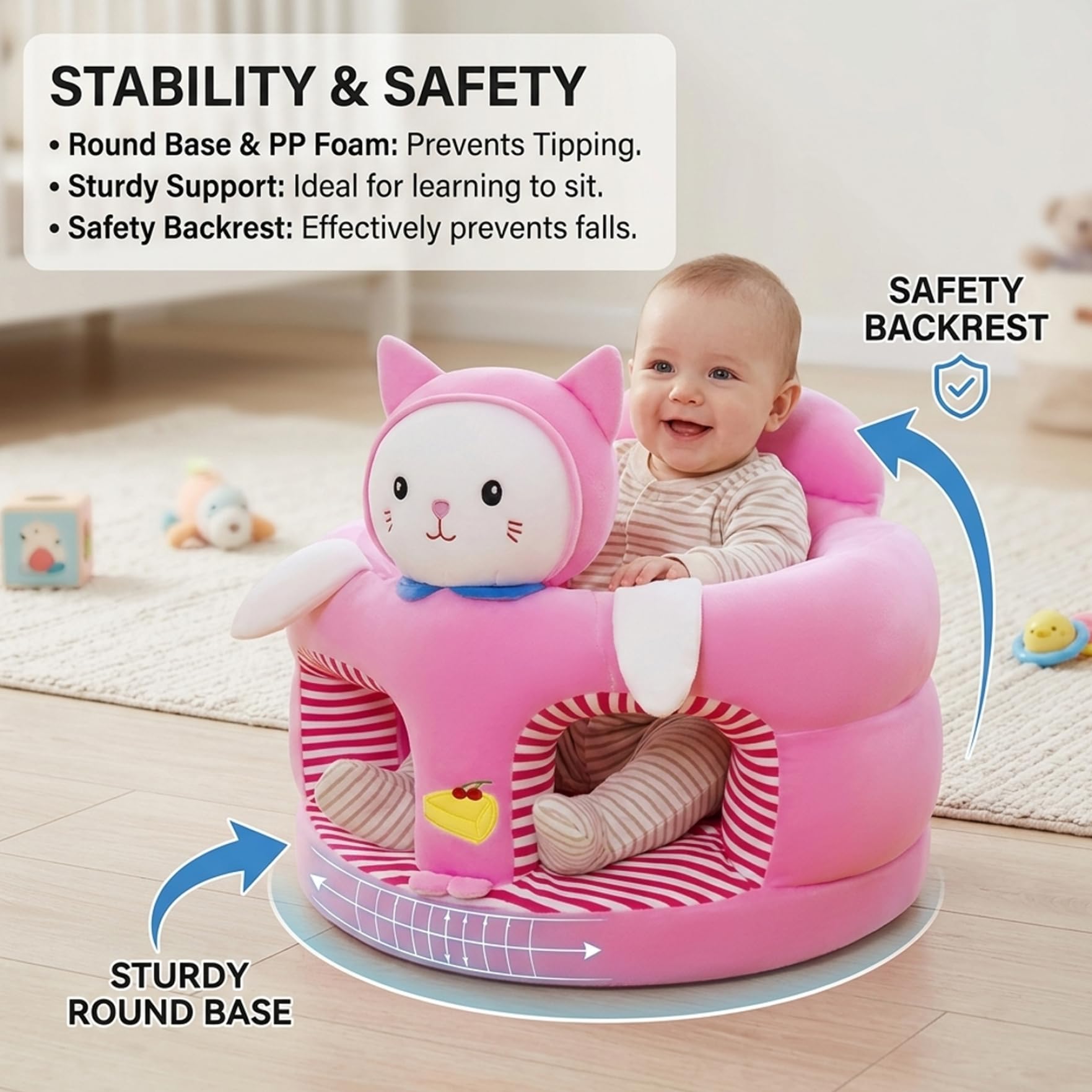 Sedia da Sit Up per Bambino Seggiolino da Pavimento con Supporto Sicuro per la Schiena Sedia da Sit Up per Neonato in Morbido Peluche, Gatto Simpatico, 40x40x35 cm