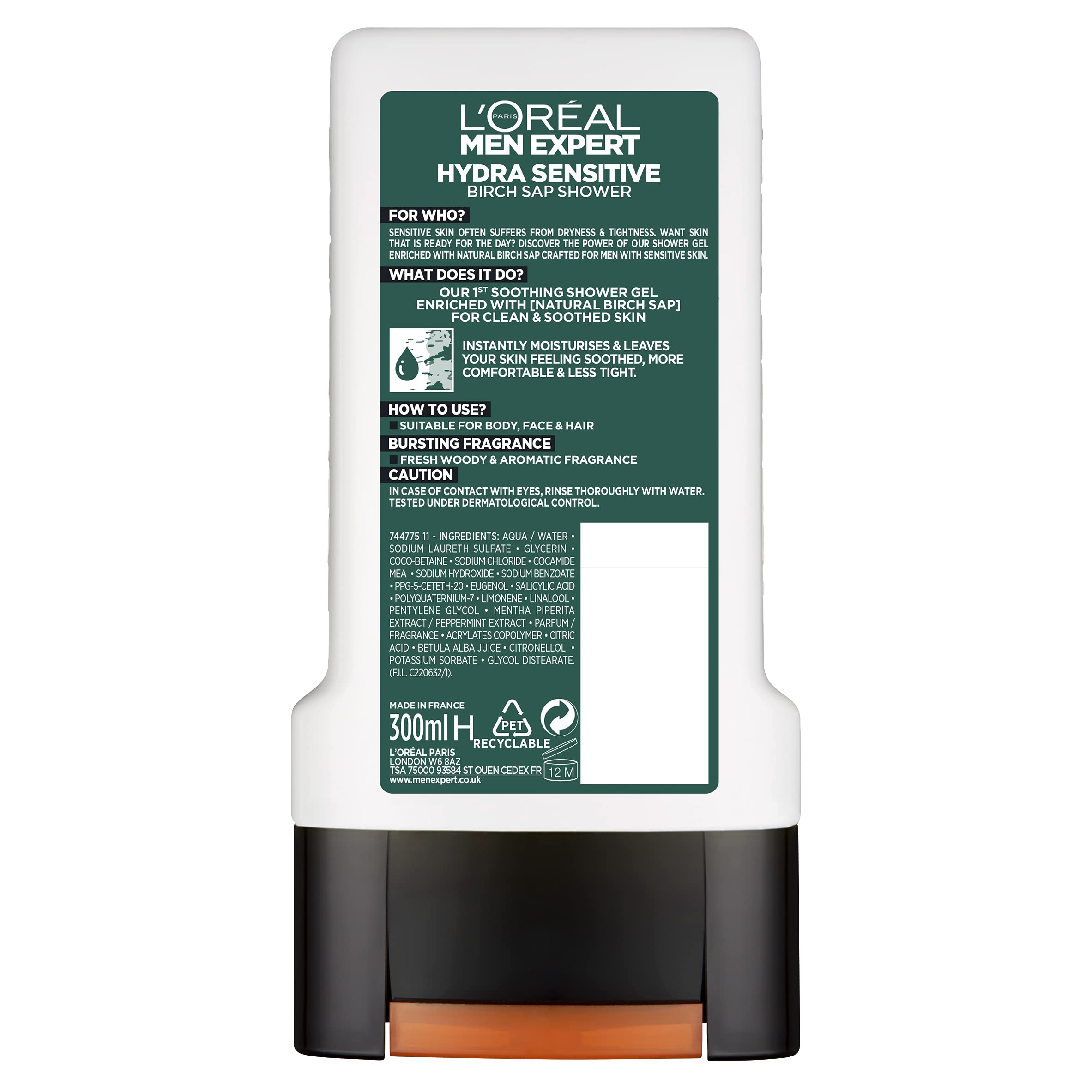 L'Oréal Men Expert Hydra Sensitive Shower Gel for Men 300 ml Pack of 6, Bulk Buy