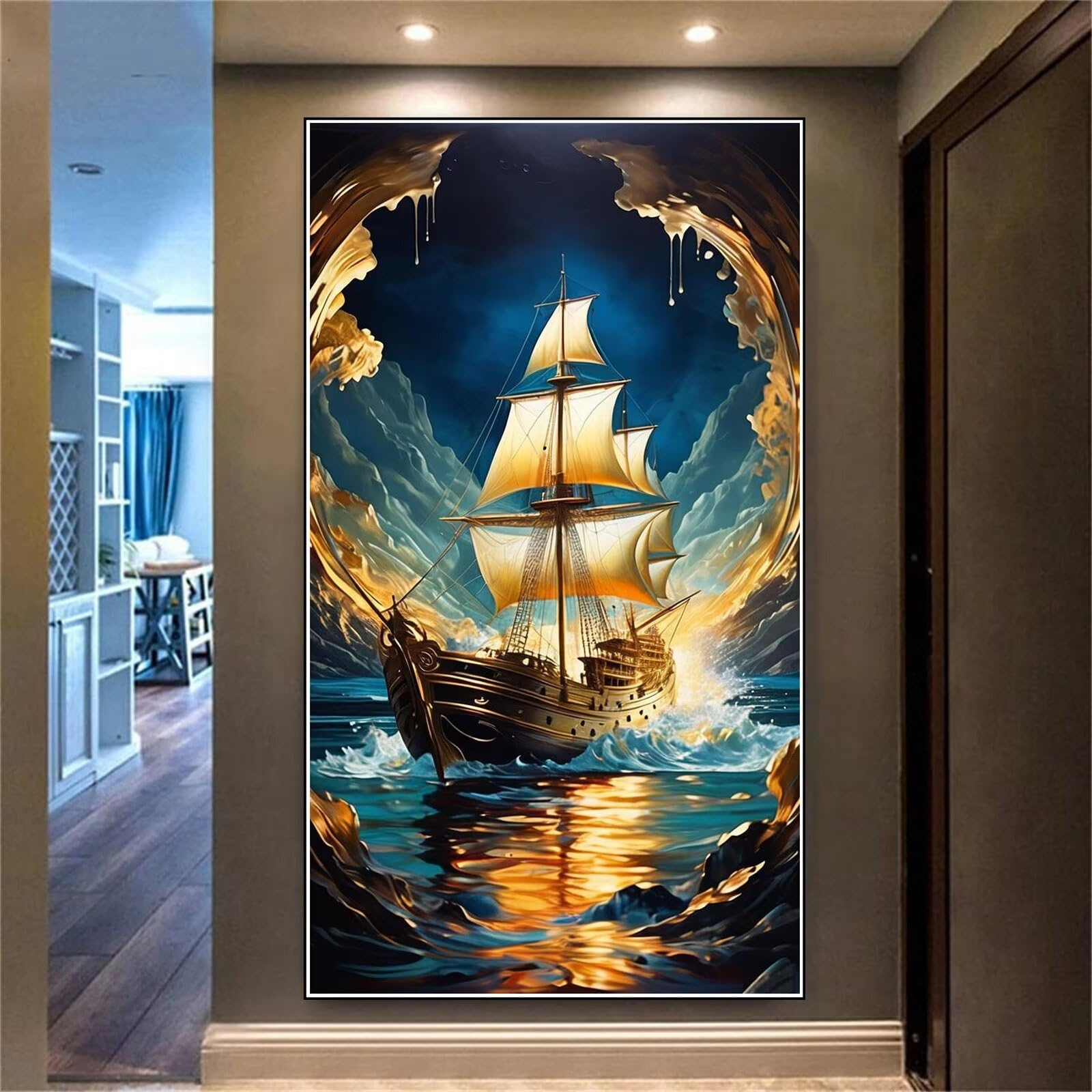 Shozhoo Diamond Art Boat, 5D Large Diamond Painting Sea DIY Full Square Drill Cross Stitch Crystal Art Diamond Pictures for Home Canvas Decor Sequin Gem Arts Crafts 43x24inch Z-2745