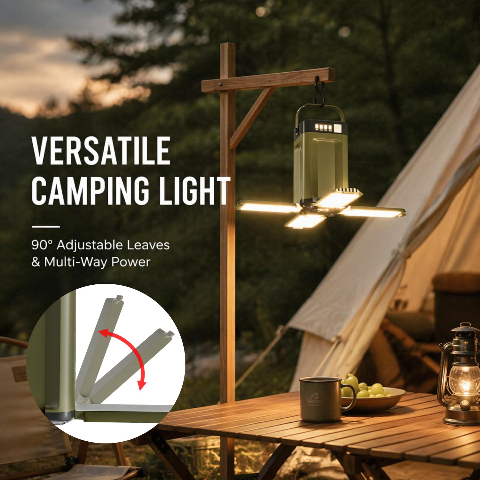 Lampada da campeggio solare e USB-C Carica, 4 luci mobili, 6 modalità, batteria da 2000 mAh, IPX4, impermeabile, pieghevole con gancio per campeggio, escursionismo, emergenze – La tua versatile luce