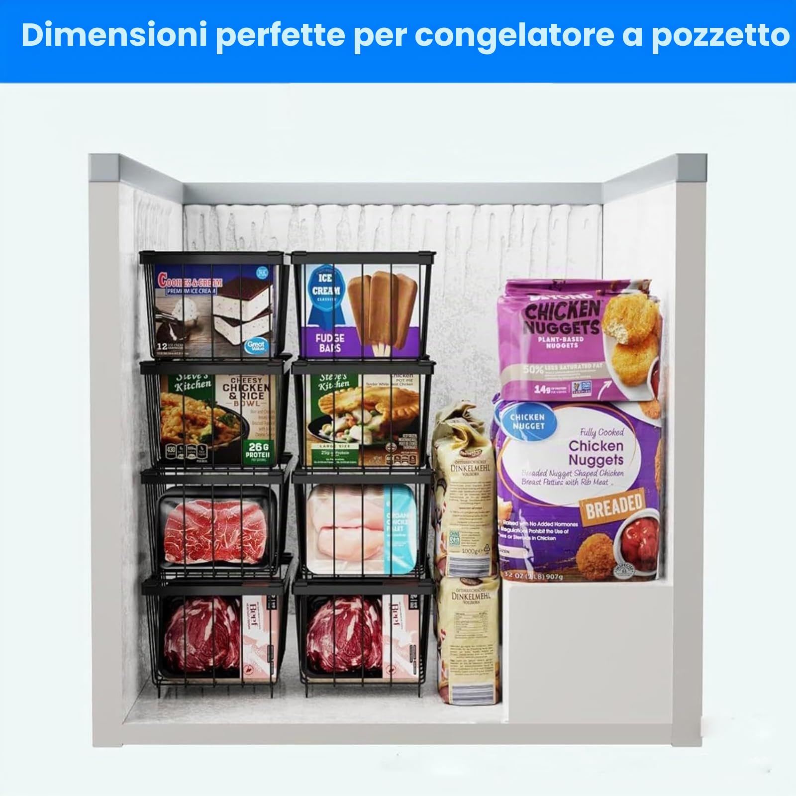 6 Pezzi Cestini per Congelatore, Maniglia Impilabile Cestini Congelatore per 198L Congelatore Organizzare Gli Ingredienti Congelati, Facile Accesso (37x18x15cm)