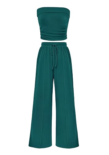 PRETTYGARDEN Womens Summer Outfits 2 Piece Sets Casual Ribbed Knit Crop Tube Top Wide Leg Pants Spring Matching Lounge Set