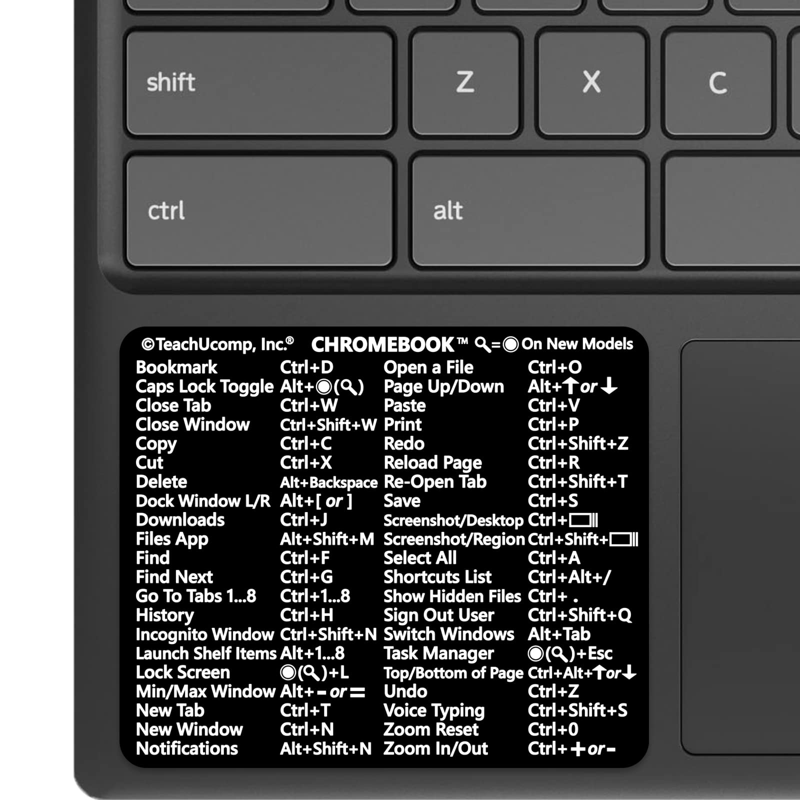 TEACHUCOMP Keyboard Shortcuts Sticker for Chrome OS for Chromebooks Training Aid Cheat Sheet- Black Vinyl, Laminated, No-Residue Adhesive (3"Wx2.5"H)
