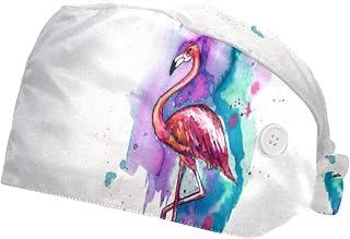 Flamingo 2 Pack Adjustable Working Cap with Buttons Elastic Bouffant Hats Head Scarf with Sweatband for Women Men