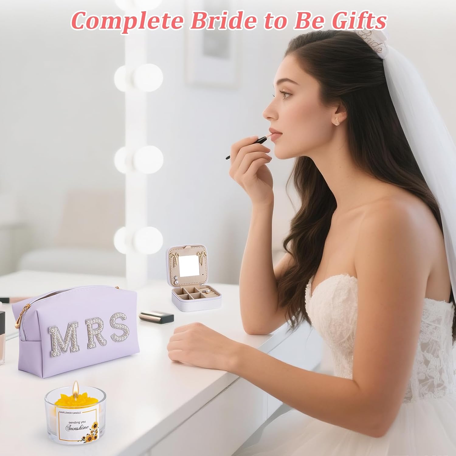 Bridal Shower Gifts for Bride to Be - 7PCS Gift Set with Bride Slippers, Mrs Jewelry Box, Bride Hair Clip, Scented Candle, Cosmetic Bag, Greeting Card with Gift Box for Wedding Engagement Bachelorette