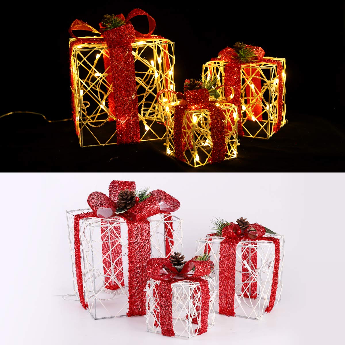 SALCAR Caja de Regalo Decorativa LED Set de 3 Piezas, 20/14 / 10 cm, Cajas Luminosas de decoración navideña con 8 Modos - Blanco cálido