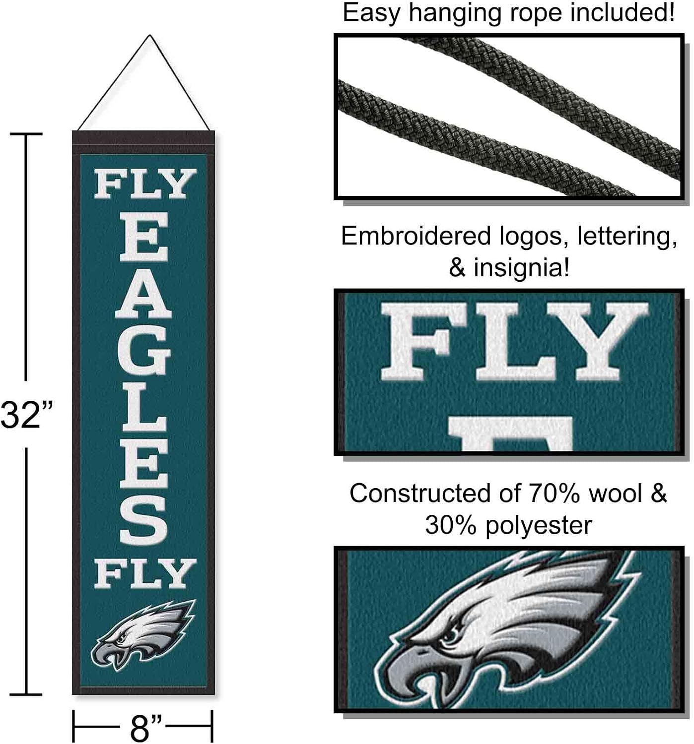 WinCraft Philadelphia Eagles Fly Eagles Fly 8x32 Inch Vertical Wool Embroidered Hanging Banner