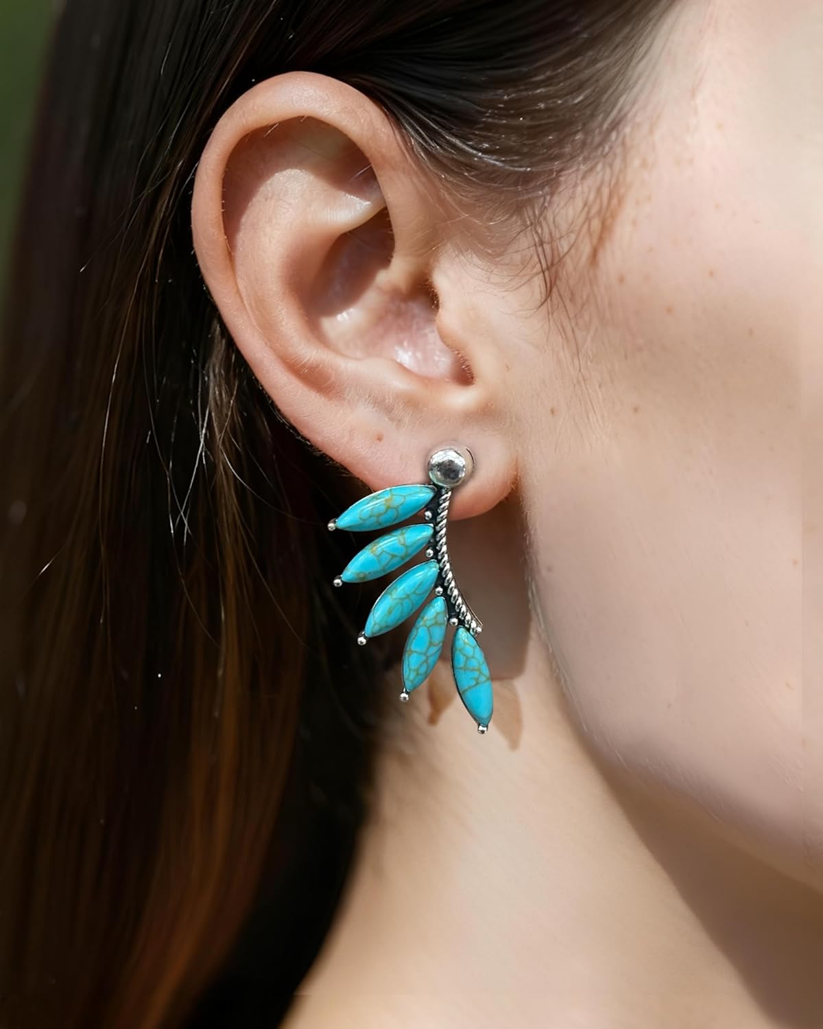 Western Silver Turquoise Earrings for Women Statement Boho Dangle Drop Earrings Western Country Marquise Shaped Turquoise Jewelry - Image 2