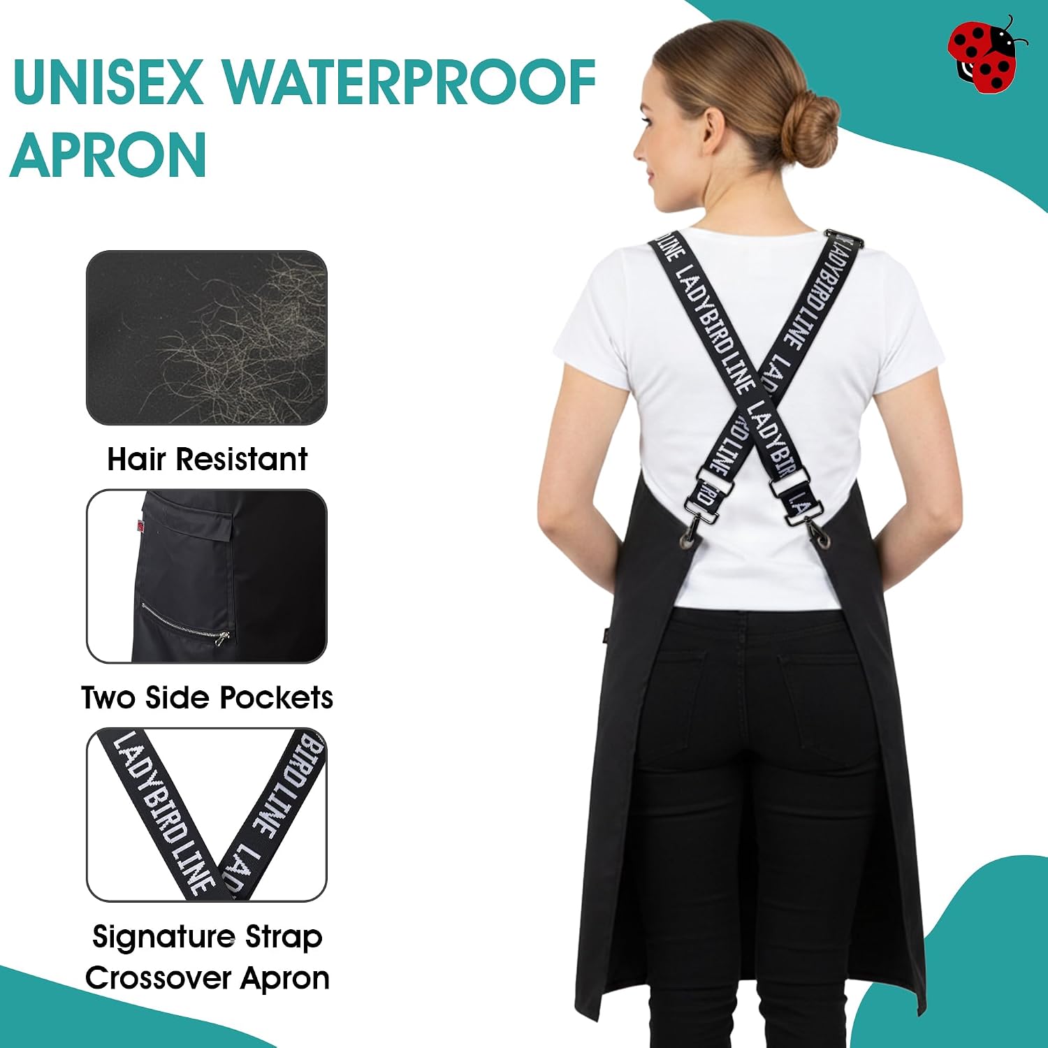 Ladybird Line 667 Unisex Black Waterproof Crossover Adjustable Strap Grooming Apron, Hair Bleach Resistant, 2 Side Pockets