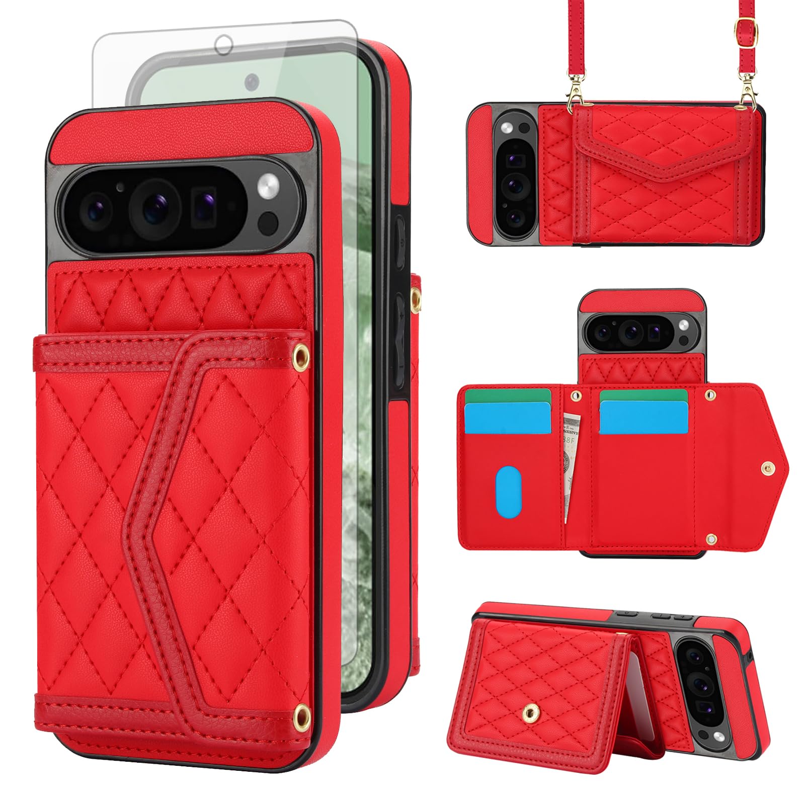 Phone Case Compatible with Google Pixel 9 Pro XL Wallet Cell Cover Tempered Glass Screen Protector RFID Blocking Credit Card Holder Slot Crossbody