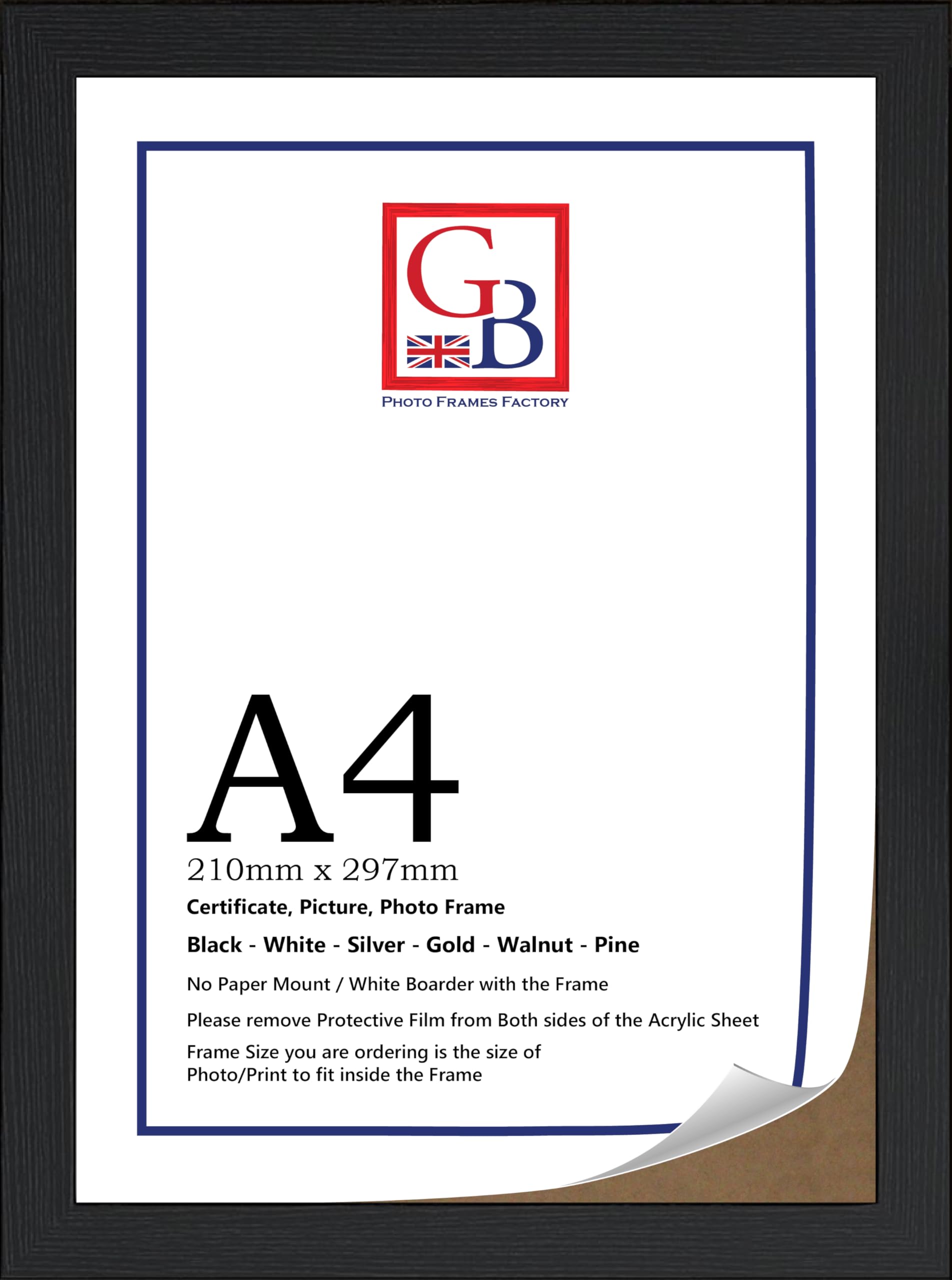 Gb Photo Frames Factory White A4 Frame/Photo Frame | Poster Frame | Certificate Frame | Mdf Wooden Effect Frame & Styrene Front | Wall Mountable/Freestanding | Flat Shape (Black, A4 11.75X8.25 Inch 29.7X21 Cm)