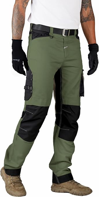Ellobird Mens Construction Work Utility Pants Relaxed Fit Stretch Flex Cordura Double Knee Reinforcement Carpenter Cargo