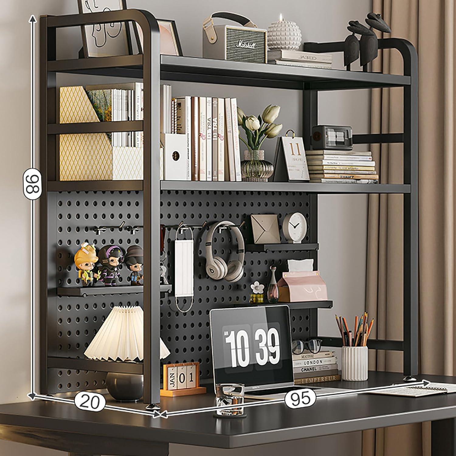 2 Layer Desktop Bookshelf for Computer Multipurpose Metal Desktop Hutch Shelf Wrought Iron Desktop Bookcase for Office Supplies Organizer, Home Decor