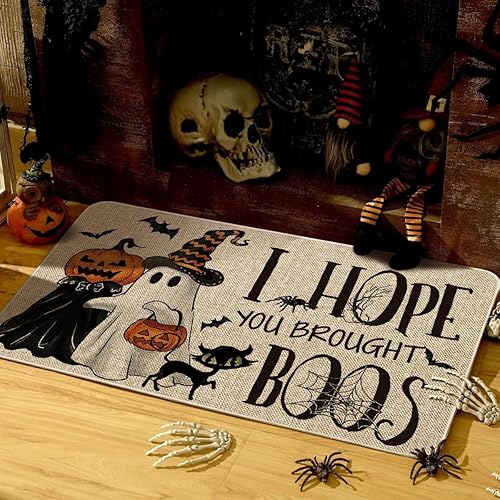 Miniatura 2 de Artoid Mode Tapete de Halloween con diseño de calabazas fantasmas, diseño de gato con texto en inglés "I Hope You Brought Boos", decoración del