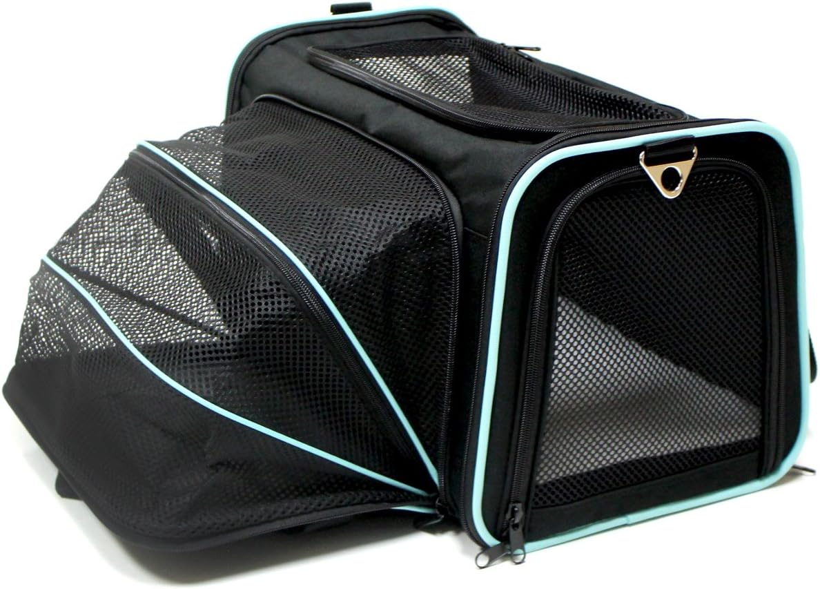 Bark and Meow Premium Expandable Foldable Travel Carrier Airline Approved DCC1800D-M Black/Aqua (Large, Black)