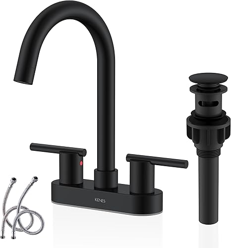 KENES KE-9019-2 - Juego de 2 manijas de 4 pulgadas, color negro mate, moderno grifo de fregadero de baño comercial de dos asas, con drenaje de