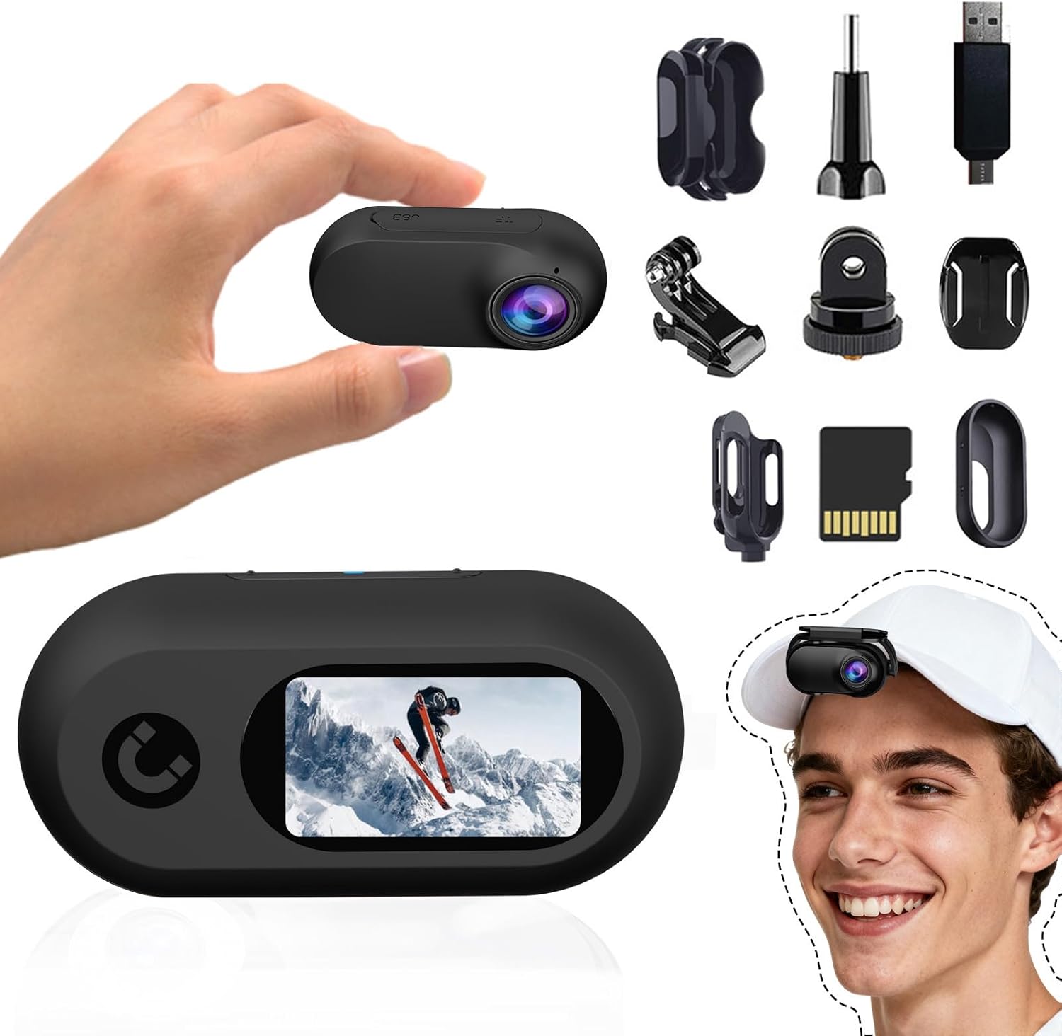 Mini Body Cam Wearable Body Worn Mini Action Camera, Thumb Size Helmet Camera Comes with Various Portable Stands Suitable for Recording Work and Life, As a Creative Gift for Him or Her(Black)