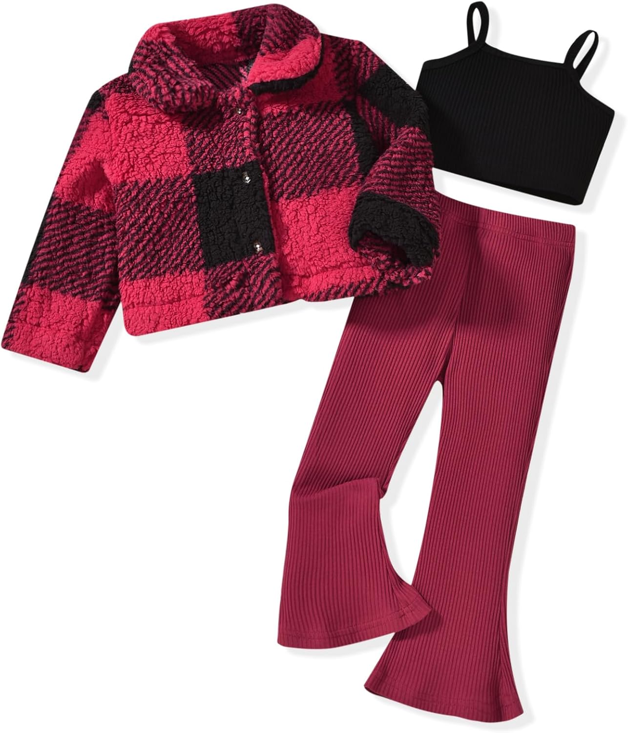 HINTINA Toddler Girl 3 Piece Outfits Cami Top Flare Pant Set With Plaid Coat