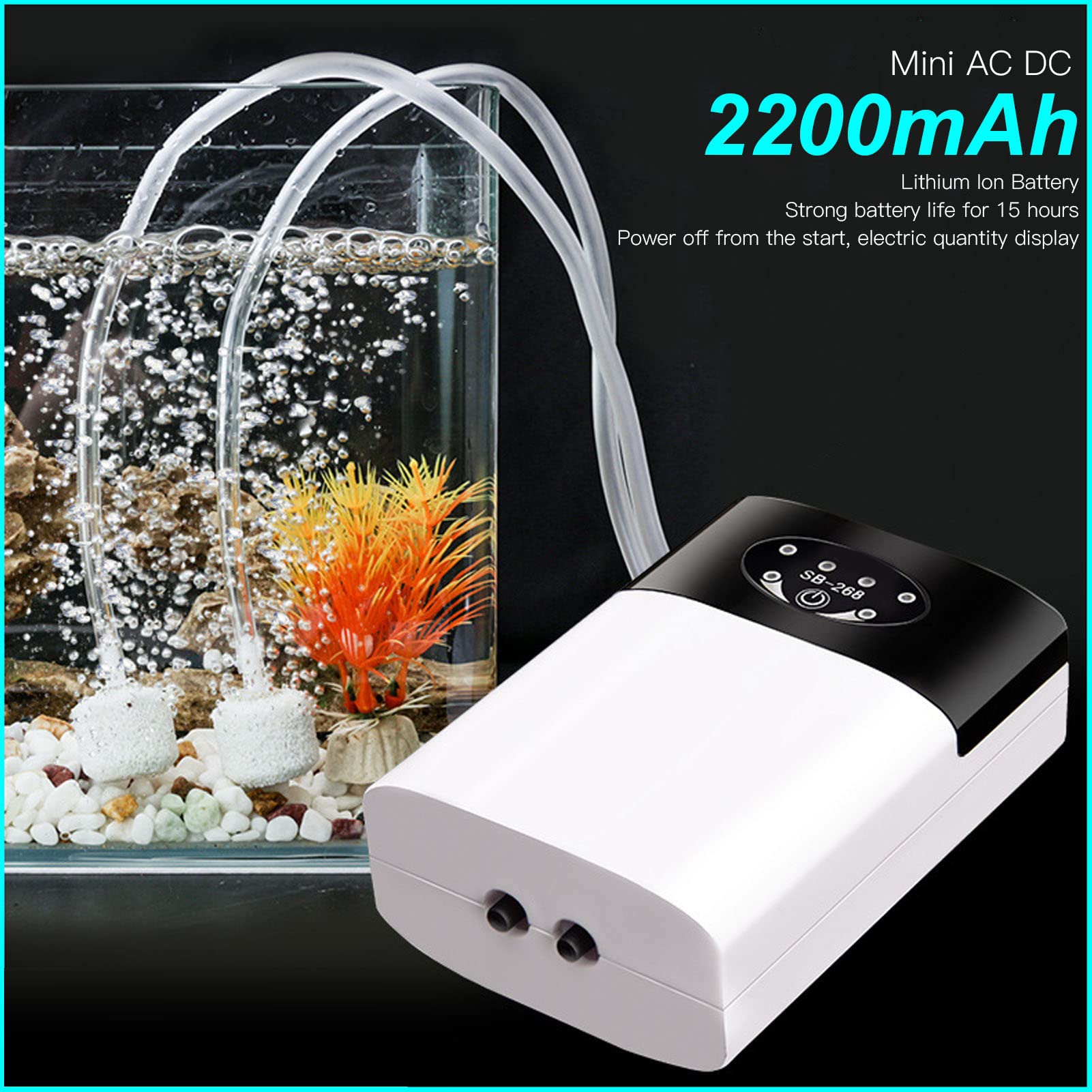 Pompa Powietrza do Akwarium, Przenośna Pompa Tlenowa USB Akumulatorowa, Cichy Napowietrzacz do Akwarium z Kamieniami Napowietrzającymi, Napowietrzacz Pompa Tlenowa do Akwarium Wędkarstwo na świeżym Po