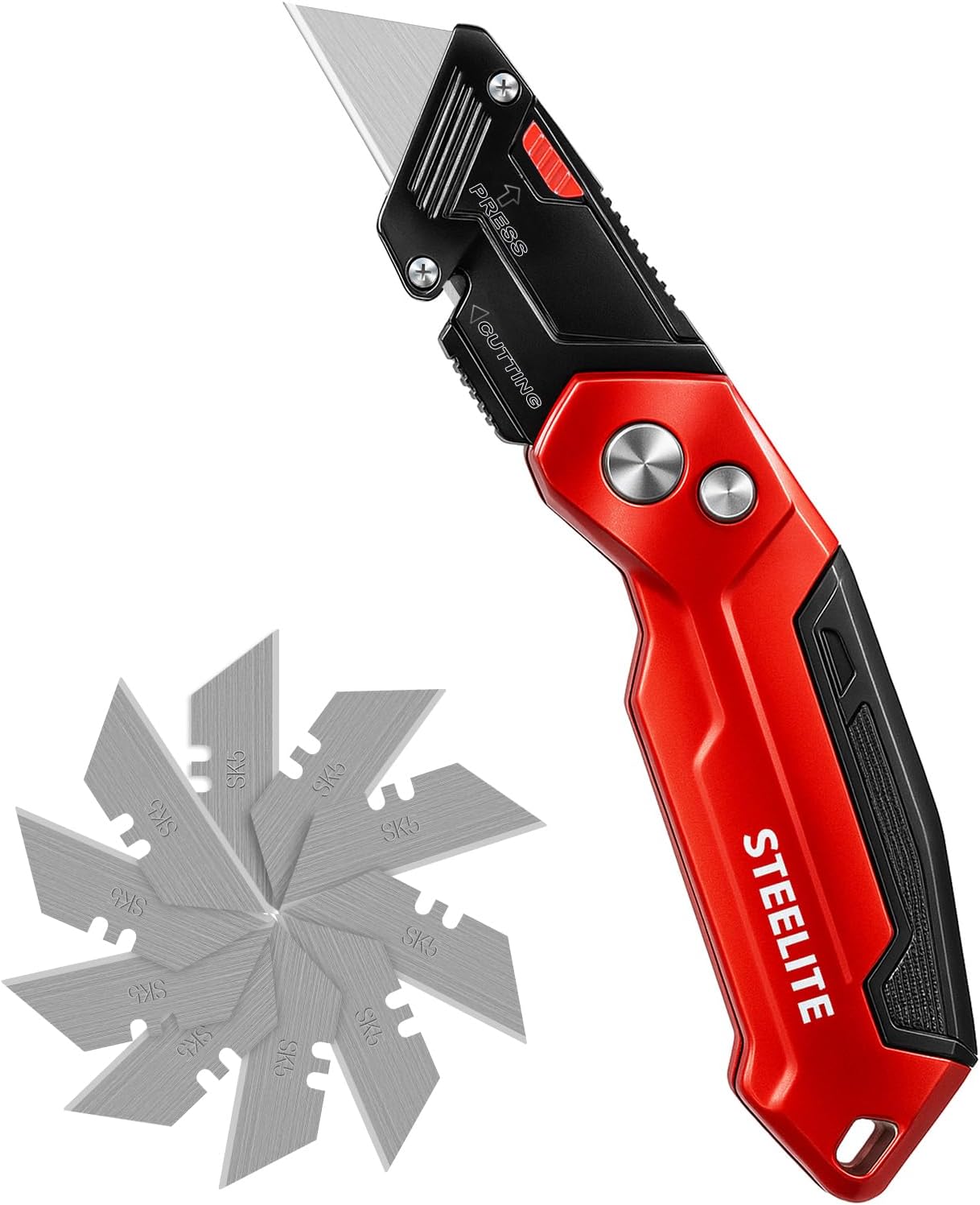 STEELITE Utility Knife Foldable, Box Cutter Heavy Duty Metal, Quick Open Botton Lock Razor Knife for Cartons, Rapes, Leather and Cardboard, Blades Storage Design with 13 Extra Blade, Red