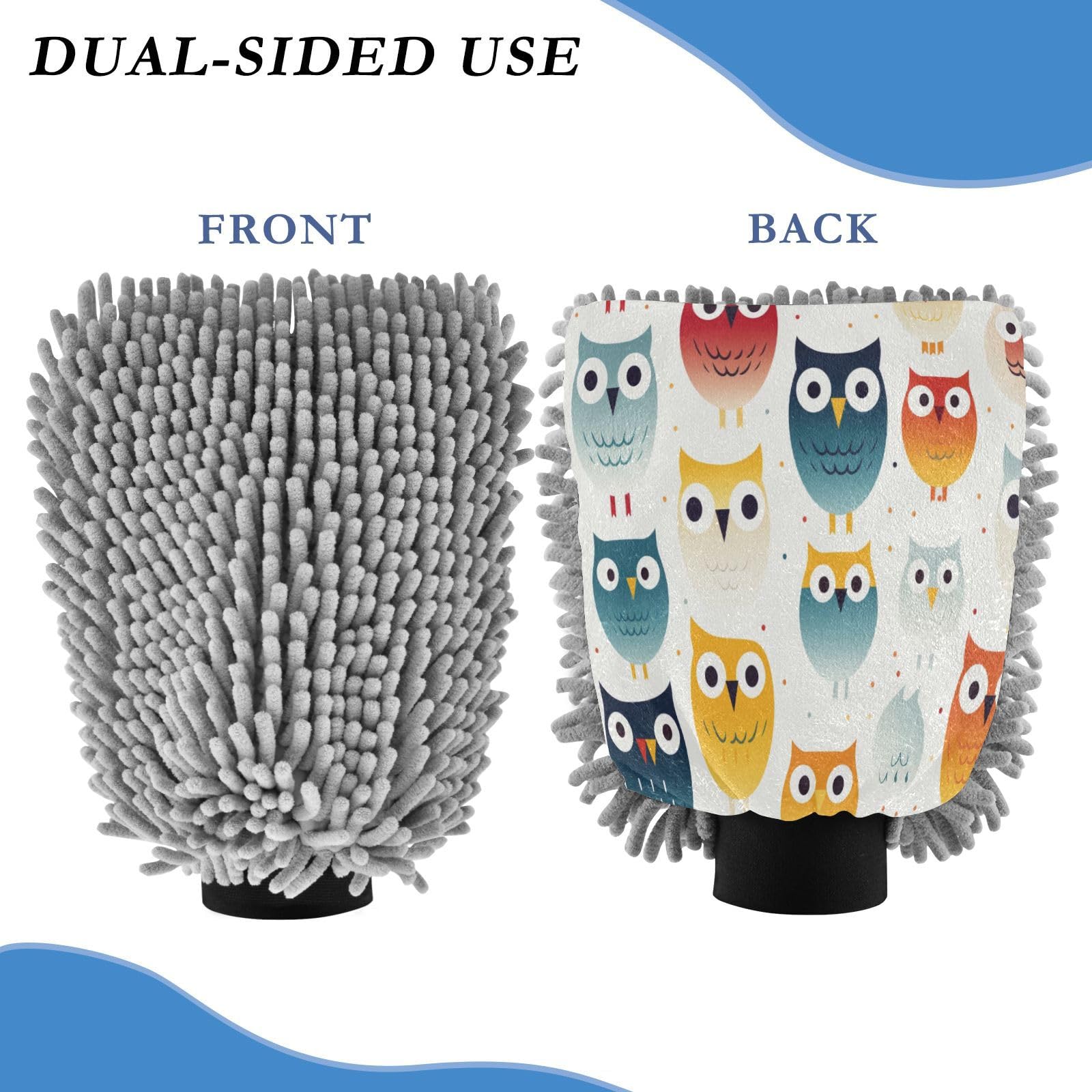ALAZA Cute Rainbow Owl Car Wash Mitt Scratch Free, 2 Pack Absorbent Microfiber/Chenille Washing & Drying Mitts, M